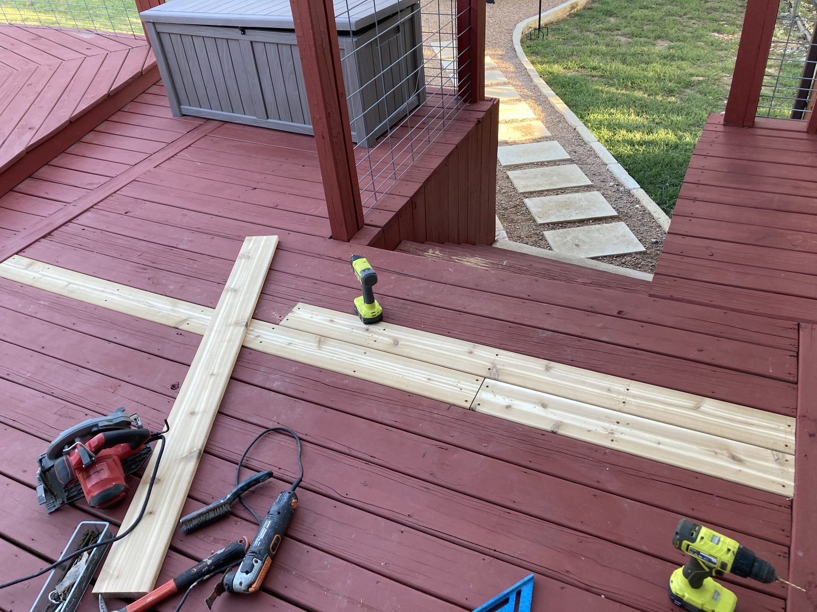 Deck board repair and staining