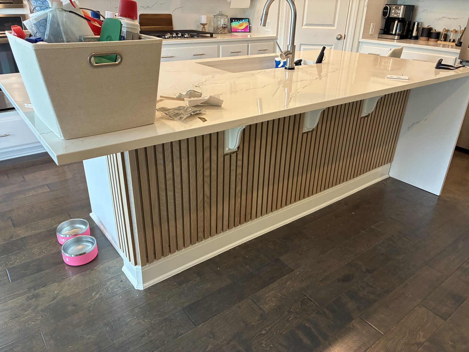 Custom kitchen island with slat detail