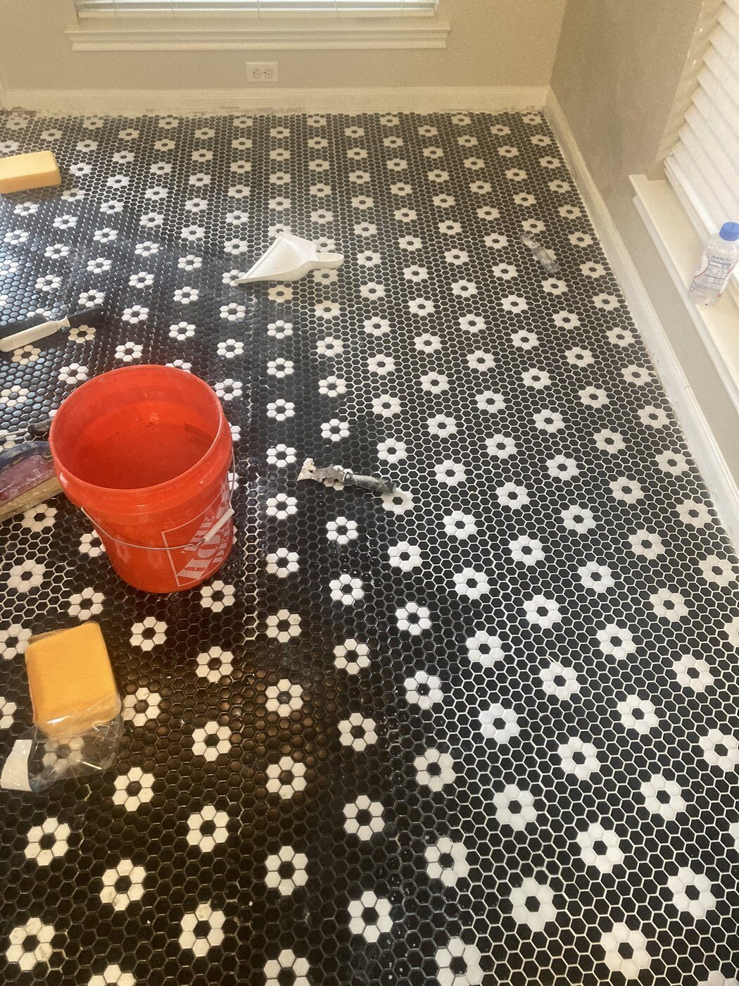 Hex tile bathroom floor in progress Austin TX